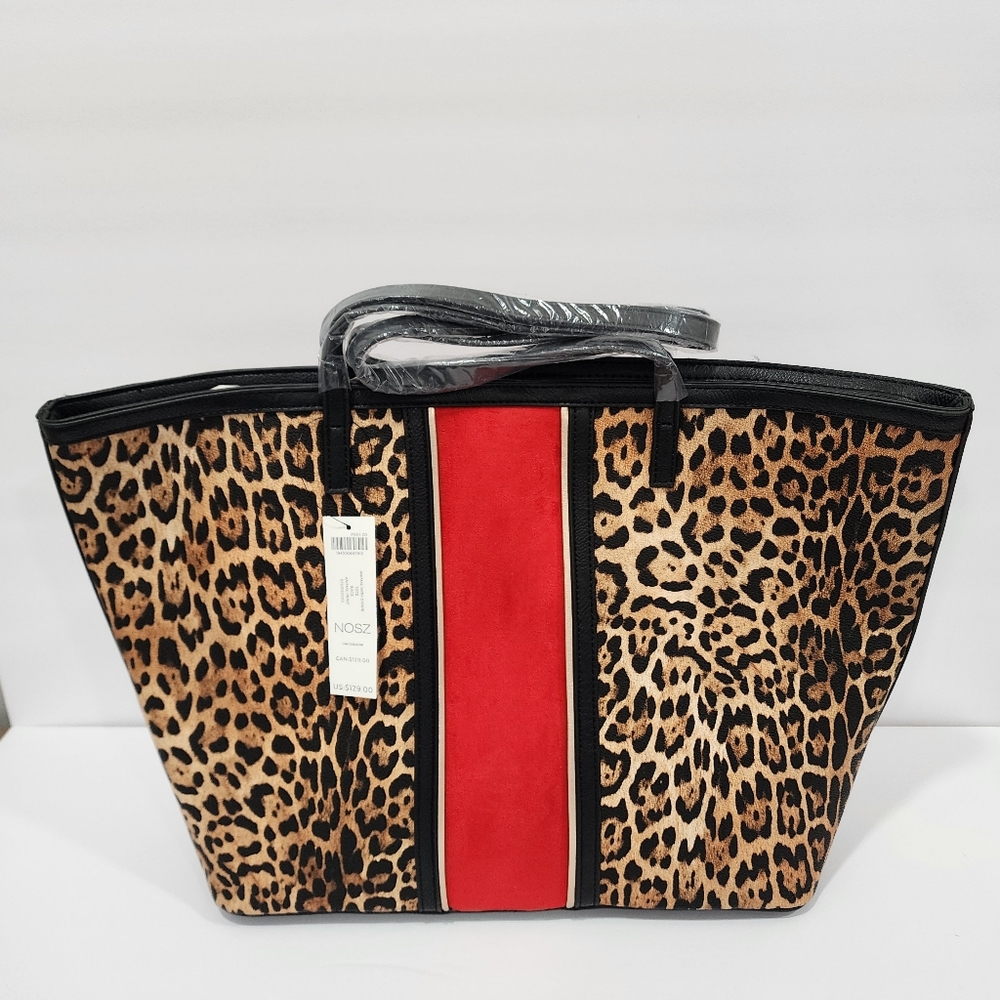 Chico’s Leopard Print Large Tote Red Stripe Animal Print Shoulder Bag New
